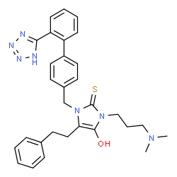 ChemSpider 2D Image | 1-[3-(Dimethylamino)propyl]-5-hydroxy-4-(2-phenylethyl)-3-{[2'-(1H-tetrazol-5-yl)-4-biphenylyl]methyl}-1,3-dihydro-2H-imidazole-2-thione | C30H33N7OS