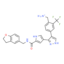 ChemSpider 2D Image | [4-(3-{5-[(2,3-Dihydro-1-benzofuran-5-ylmethyl)carbamoyl]-1H-pyrrol-3-yl}-1H-pyrazol-4-yl)-2-(trifluoromethyl)phenyl]methanaminium | C25H23F3N5O2