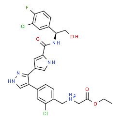 ChemSpider 2D Image | N-{2-Chloro-4-[3-(5-{[(1S)-1-(3-chloro-4-fluorophenyl)-2-hydroxyethyl]carbamoyl}-1H-pyrrol-3-yl)-1H-pyrazol-4-yl]benzyl}-2-ethoxy-2-oxoethanaminium | C27H27Cl2FN5O4