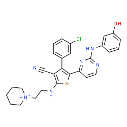 ChemSpider 2D Image | 1-(2-{[4-(3-Chlorophenyl)-3-cyano-5-{2-[(3-hydroxyphenyl)amino]-4-pyrimidinyl}-2-thienyl]amino}ethyl)piperidinium | C28H28ClN6OS