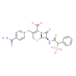 ChemSpider 2D Image | (6R,7R)-3-[(4-Carbamoyl-1-pyridiniumyl)methyl]-8-oxo-7-{[phenyl(sulfonato)acetyl]amino}-5-thia-1-azabicyclo[4.2.0]oct-2-ene-2-carboxylate | C22H19N4O8S2