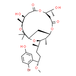 ChemSpider 2D Image | (1S,3R,4S,5S,9R,13S,14R)-3-[(2S,5S)-5-(2-Bromo-5-hydroxyphenyl)-5-methoxy-2-pentanyl]-13-hydroxy-9-[(1R)-1-hydroxyethyl]-4,14,16,16-tetramethyl-2,6,10,17-tetraoxatricyclo[11.3.1.1~1,5~]octadecane-7,11
-dione (non-preferred name) | C32H47BrO10