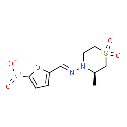 ChemSpider 2D Image | (E)-N-[(3R)-3-Methyl-1,1-dioxido-4-thiomorpholinyl]-1-(5-nitro-2-furyl)methanimine | C10H13N3O5S