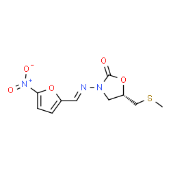 ChemSpider 2D Image | (5S)-5-[(Methylsulfanyl)methyl]-3-{(E)-[(5-nitro-2-furyl)methylene]amino}-1,3-oxazolidin-2-one | C10H11N3O5S