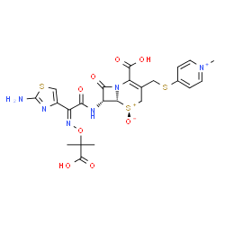 ChemSpider 2D Image | (6R,7R)-7-{[(2Z)-2-(2-Amino-1,3-thiazol-4-yl)-2-{[(2-carboxy-2-propanyl)oxy]imino}acetyl]amino}-2-carboxy-3-{[(1-methyl-4-pyridiniumyl)sulfanyl]methyl}-8-oxo-5-thionia-1-azabicyclo[4.2.0]oct-2-en-5-ol
ate | C23H25N6O8S3