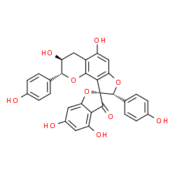 ChemSpider 2D Image | (2R,2'R,3'S,8'R)-3',4,5',6-Tetrahydroxy-2',8'-bis(4-hydroxyphenyl)-3',4'-dihydro-2'H,3H-spiro[1-benzofuran-2,9'-furo[2,3-h]chromen]-3-one | C30H22O10