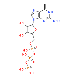 ChemSpider 2D Image | 9-[5-O-(Hydroxy{[hydroxy(phosphonooxy)phosphoryl]oxy}phosphoryl)pentofuranosyl]-6-methylene-6,9-dihydro-1H-purin-2-amine | C11H18N5O13P3