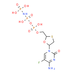 ChemSpider 2D Image | [[[[(2r,5s)-5-(4-Azanyl-5-Fluoranyl-2-Oxidanylidene-Pyrimidin-1-Yl)-1,3-Oxathiolan-2-Yl]methoxy-Oxidanyl-Phosphoryl]oxy-Oxidanyl-Phosphoryl]amino]phosphonic Acid | C8H14FN4O11P3S
