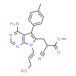 ChemSpider 2D Image | Methyl (2S)-3-{4-amino-7-[(1E)-3-hydroxy-1-propen-1-yl]-5-(4-methylphenyl)-7H-pyrrolo[2,3-d]pyrimidin-6-yl}-2-cyanopropanoate | C21H21N5O3