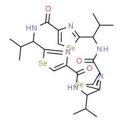 ChemSpider 2D Image | (4R,11R,18R)-4,11,18-Triisopropyl-6,13,20-triselena-3,10,17,22,23,24-hexaazatetracyclo[17.2.1.1~5,8~.1~12,15~]tetracosa-1(21),5(24),7,12(23),14,19(22)-hexaene-2,9,16-trione | C24H30N6O3Se3