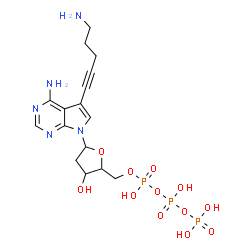 ChemSpider 2D Image | 5-(5-Amino-1-pentyn-1-yl)-7-{2-deoxy-5-O-[(S)-hydroxy{[(S)-hydroxy(phosphonooxy)phosphoryl]oxy}phosphoryl]-beta-D-erythro-pentofuranosyl}-7H-pyrrolo[2,3-d]pyrimidin-4-amine | C16H24N5O12P3