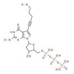 ChemSpider 2D Image | 2-Amino-5-(5-amino-1-pentyn-1-yl)-7-{2-deoxy-5-O-[(S)-hydroxy{[(S)-hydroxy(phosphonooxy)phosphoryl]oxy}phosphoryl]-beta-D-erythro-pentofuranosyl}-3,7-dihydro-4H-pyrrolo[2,3-d]pyrimidin-4-one | C16H24N5O13P3
