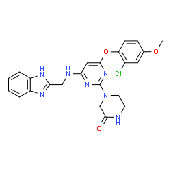 ChemSpider 2D Image | 4-{4-[(1H-Benzimidazol-2-ylmethyl)amino]-6-(2-chloro-4-methoxyphenoxy)-2-pyrimidinyl}-2-piperazinone | C23H22ClN7O3