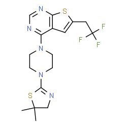 ChemSpider 2D Image | 4-(4-(5,5-dimethyl-4,5-dihydrothiazol-2-yl)piperazin-1-yl)-6-(2,2,2-trifluoroethyl)thieno[2,3-d]pyrimidine | C17H20F3N5S2