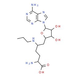 ChemSpider 2D Image | (5S)-6-[(2R,3S,4R,5R)-5-(6-Amino-9H-purin-9-yl)-3,4-dihydroxytetrahydro-2-furanyl]-5-(propylamino)-L-norleucine | C18H29N7O5