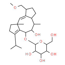 ChemSpider 2D Image | (4R,5R,6R,6aS,9S,9aE,10aR)-5-Hydroxy-3-isopropyl-9-(methoxymethyl)-6,10a-dimethyl-1,2,4,5,6,6a,7,8,9,10a-decahydrodicyclopenta[a,d][8]annulen-4-yl alpha-D-glucopyranoside | C27H44O8