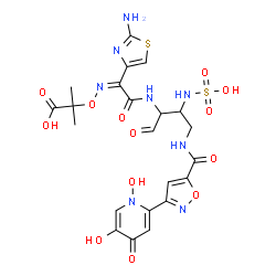 ChemSpider 2D Image | (4R,5S,8Z)-8-(2-Amino-1,3-thiazol-4-yl)-1-[3-(1,5-dihydroxy-4-oxo-1,4-dihydro-2-pyridinyl)-1,2-oxazol-5-yl]-5-formyl-11,11-dimethyl-1,7-dioxo-4-(sulfoamino)-10-oxa-2,6,9-triazadodec-8-en-12-oic acid | C22H24N8O13S2
