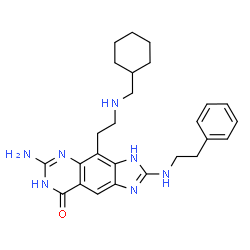 ChemSpider 2D Image | 6-Amino-4-{2-[(cyclohexylmethyl)amino]ethyl}-2-[(2-phenylethyl)amino]-3,7-dihydro-8H-imidazo[4,5-g]quinazolin-8-one | C26H33N7O