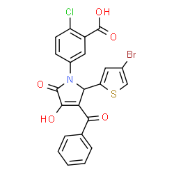 ChemSpider 2D Image | 5-[(2R)-3-Benzoyl-2-(4-bromo-2-thienyl)-4-hydroxy-5-oxo-2,5-dihydro-1H-pyrrol-1-yl]-2-chlorobenzoic acid | C22H13BrClNO5S