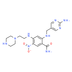 ChemSpider 2D Image | 2-{[(2-Amino-5-pyrimidinyl)methyl]amino}-5-nitro-4-{[2-(1-piperazinyl)ethyl]amino}benzamide | C18H25N9O3