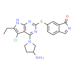 ChemSpider 2D Image | 6-({4-[(3R)-3-Amino-1-pyrrolidinyl]-5-chloro-6-ethyl-7H-pyrrolo[2,3-d]pyrimidin-2-yl}sulfanyl)-1H-isoindol-1-one | C20H19ClN6OS
