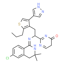 ChemSpider 2D Image | 2-{(1S)-1-[(Z)-(6-Chloro-3,3-dimethyl-3,4-dihydro-1(2H)-isoquinolinylidene)amino]-2-[2-propyl-4-(1H-pyrazol-4-yl)-3-thienyl]ethyl}-4(5H)-pyrimidinone | C27H29ClN6OS