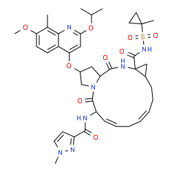 ChemSpider 2D Image | (2R,6S,7E,10E,13aR,14aR,16aS)-2-[(2-Isopropoxy-7-methoxy-8-methyl-4-quinolinyl)oxy]-N-[(1-methylcyclopropyl)sulfonyl]-6-{[(1-methyl-1H-pyrazol-3-yl)carbonyl]amino}-5,16-dioxo-1,2,3,6,9,12,13,13a,14,15
,16,16a-dodecahydrocyclopropa[e]pyrrolo[1,2-a][1,4]diazacyclopentadecine-14a(5H)-carboxamide | C41H51N7O9S