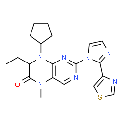 ChemSpider 2D Image | (7R)-8-Cyclopentyl-7-ethyl-5-methyl-2-[2-(1,3-thiazol-4-yl)-1H-imidazol-1-yl]-7,8-dihydro-6(5H)-pteridinone | C20H23N7OS