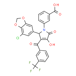 ChemSpider 2D Image | 3-{(2S)-2-(7-Chloro-1,3-benzodioxol-5-yl)-4-hydroxy-5-oxo-3-[3-(trifluoromethyl)benzoyl]-2,5-dihydro-1H-pyrrol-1-yl}benzoic acid | C26H15ClF3NO7