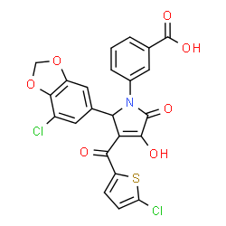 ChemSpider 2D Image | 3-{(2S)-2-(7-Chloro-1,3-benzodioxol-5-yl)-3-[(5-chloro-2-thienyl)carbonyl]-4-hydroxy-5-oxo-2,5-dihydro-1H-pyrrol-1-yl}benzoic acid | C23H13Cl2NO7S