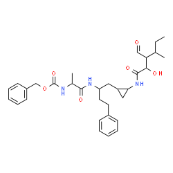 ChemSpider 2D Image | Benzyl [(2S)-1-({(2R)-1-[(1S,2S)-2-{[(2R,3S,4S)-3-formyl-2-hydroxy-4-methylhexanoyl]amino}cyclopropyl]-4-phenyl-2-butanyl}amino)-1-oxo-2-propanyl]carbamate | C32H43N3O6