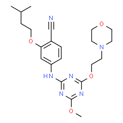 ChemSpider 2D Image | 4-({4-Methoxy-6-[2-(4-morpholinyl)ethoxy]-1,3,5-triazin-2-yl}amino)-2-(3-methylbutoxy)benzonitrile | C22H30N6O4