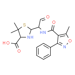 ChemSpider 2D Image | (2R,4S)-5,5-Dimethyl-2-[(1R)-1-{[(5-methyl-3-phenyl-1,2-oxazol-4-yl)carbonyl]amino}-2-oxoethyl]-1,3-thiazolidine-4-carboxylic acid | C19H21N3O5S