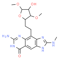 ChemSpider 2D Image | Methyl 6-[6-amino-2-(methylamino)-8-oxo-7,8-dihydro-1H-imidazo[4,5-g]quinazolin-4-yl]-5,6-dideoxy-3-O-methyl-beta-D-ribo-hexofuranoside | C18H24N6O5