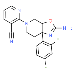 ChemSpider 2D Image | 2-[(3aR,7aR)-2-Amino-7a-(2,4-difluorophenyl)-3a,6,7,7a-tetrahydro[1,3]oxazolo[5,4-c]pyridin-5(4H)-yl]nicotinonitrile | C18H15F2N5O