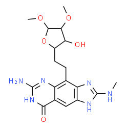 ChemSpider 2D Image | Methyl 6-[6-amino-2-(methylamino)-8-oxo-7,8-dihydro-1H-imidazo[4,5-g]quinazolin-4-yl]-5,6-dideoxy-2-O-methyl-beta-D-ribo-hexofuranoside | C18H24N6O5