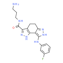 ChemSpider 2D Image | N-(3-Aminopropyl)-8-[(3-fluorophenyl)amino]-1,4,5,7-tetrahydropyrazolo[3,4-e]indazole-3-carboxamide | C18H20FN7O