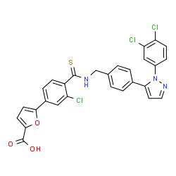 ChemSpider 2D Image | 5-[3-Chloro-4-({4-[1-(3,4-dichlorophenyl)-1H-pyrazol-5-yl]benzyl}carbamothioyl)phenyl]-2-furoic acid | C28H18Cl3N3O3S