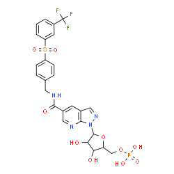 ChemSpider 2D Image | 1-(5-O-Phosphono-beta-D-ribofuranosyl)-N-(4-{[3-(trifluoromethyl)phenyl]sulfonyl}benzyl)-1H-pyrazolo[3,4-b]pyridine-5-carboxamide | C26H24F3N4O10PS