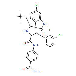 ChemSpider 2D Image | (2'S,3R,4'S,5'R)-N-(4-Carbamoylphenyl)-6-chloro-4'-(3-chloro-2-fluorophenyl)-2'-(2,2-dimethylpropyl)-2-oxo-1,2-dihydrospiro[indole-3,3'-pyrrolidine]-5'-carboxamide | C30H29Cl2FN4O3
