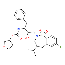 ChemSpider 2D Image | (3S)-Tetrahydro-3-furanyl {(2S,3R)-4-[(4R)-7-fluoro-4-isopropyl-1,1-dioxido-4,5-dihydro-1,2-benzothiazepin-2(3H)-yl]-3-hydroxy-1-phenyl-2-butanyl}carbamate | C27H35FN2O6S