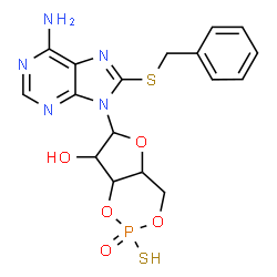 ChemSpider 2D Image | (2S,4aR,6R,7R,7aS)-6-[6-Amino-8-(benzylsulfanyl)-9H-purin-9-yl]-2-sulfanyltetrahydro-4H-furo[3,2-d][1,3,2]dioxaphosphinin-7-ol 2-oxide | C17H18N5O5PS2