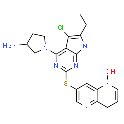 ChemSpider 2D Image | 7-({4-[(3R)-3-Amino-1-pyrrolidinyl]-5-chloro-6-ethyl-7H-pyrrolo[2,3-d]pyrimidin-2-yl}sulfanyl)-1,5-naphthyridin-1(4H)-ol | C20H22ClN7OS