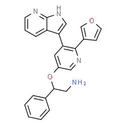 ChemSpider 2D Image | 5-[(1R)-2-amino-1-phenylethoxy]-2-(furan-3-yl)-3-{1H-pyrrolo[2,3-b]pyridin-3-yl}pyridine | C24H20N4O2