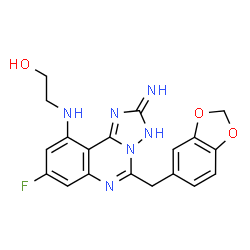ChemSpider 2D Image | 2-{[5-(1,3-Benzodioxol-5-ylmethyl)-8-fluoro-2-imino-2,3-dihydro[1,2,4]triazolo[1,5-c]quinazolin-10-yl]amino}ethanol | C19H17FN6O3