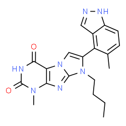 ChemSpider 2D Image | 8-Butyl-1-methyl-7-(5-methyl-1H-indazol-4-yl)-1H-imidazo[2,1-f]purine-2,4(3H,8H)-dione | C20H21N7O2