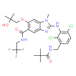 ChemSpider 2D Image | 2-[(2,6-Dichloro-3-{[(2,2-dimethylpropanoyl)amino]methyl}phenyl)amino]-6-(2-hydroxy-2-methylpropoxy)-1-methyl-N-(2,2,2-trifluoroethyl)-1H-benzimidazole-5-carboxamide | C27H32Cl2F3N5O4