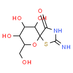 ChemSpider 2D Image | (5R,7R,8S,9S,10R)-8,9,10-Trihydroxy-7-(hydroxymethyl)-2-imino-6-oxa-1-thia-3-azaspiro[4.5]decan-4-one | C8H12N2O6S