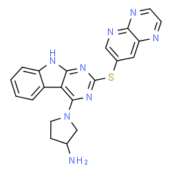 ChemSpider 2D Image | (3S)-1-[2-(Pyrido[2,3-b]pyrazin-7-ylsulfanyl)-9H-pyrimido[4,5-b]indol-4-yl]-3-pyrrolidinamine | C21H18N8S