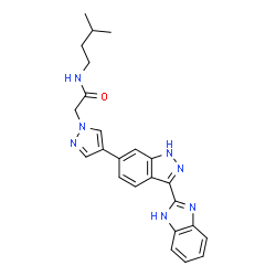 ChemSpider 2D Image | 2-{4-[3-(1H-Benzimidazol-2-yl)-1H-indazol-6-yl]-1H-pyrazol-1-yl}-N-(3-methylbutyl)acetamide | C24H25N7O